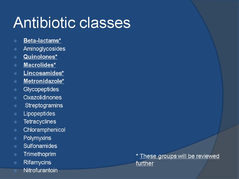 Antibiotic classes Beta-lactams* Aminoglycosides Quinolones* Macrolides* Lincosamides* Metronidazole* Glycopeptides Oxazolidinones  Streptogramins Lipopeptides Tetracyclines